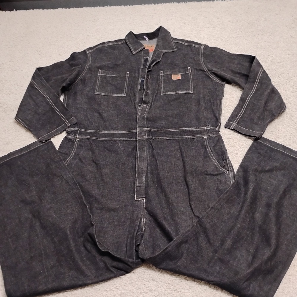 VTG Guess Jumpsuit Men 2XL Black Work Denim Coverall Grunge Emo Gothic Baggy USA